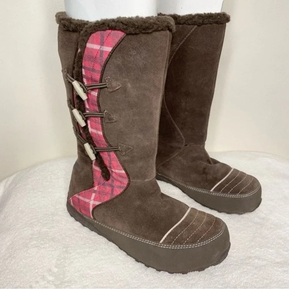 Sorel Boots Suka Suede Pink Plaid Fleece Lined Tall Snow Winter Brown Size 7